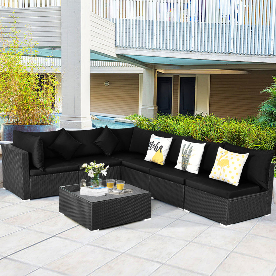 7PCS Rattan Patio Conversation Set Sectional Furniture Set w/ Black Cushion Image 6