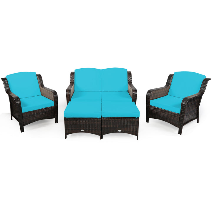 5PCS Rattan Patio Conversation Sofa Furniture Set Outdoor w/ Turquoise Cushions Image 3