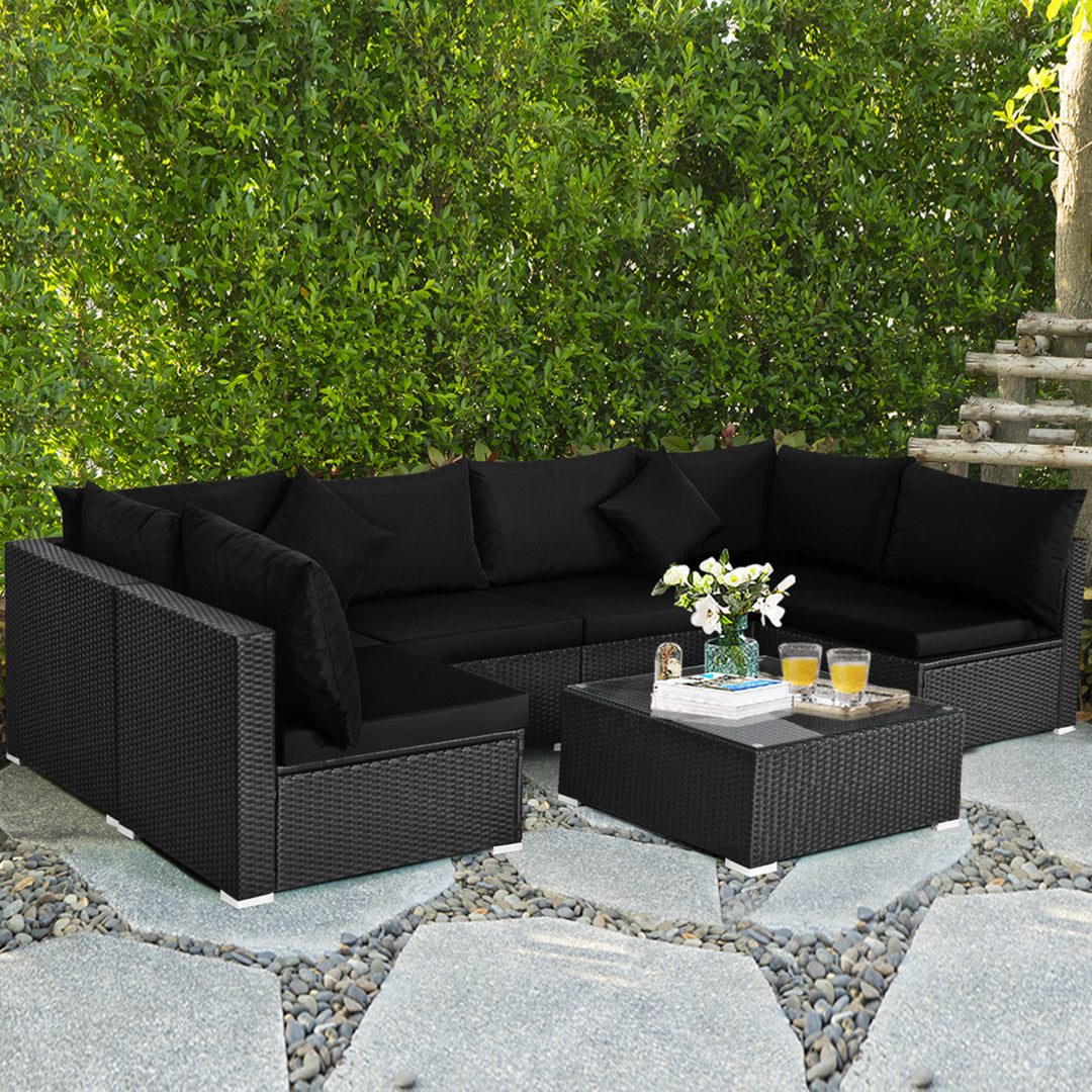 7PCS Rattan Patio Conversation Set Sectional Furniture Set w/ Black Cushion Image 7