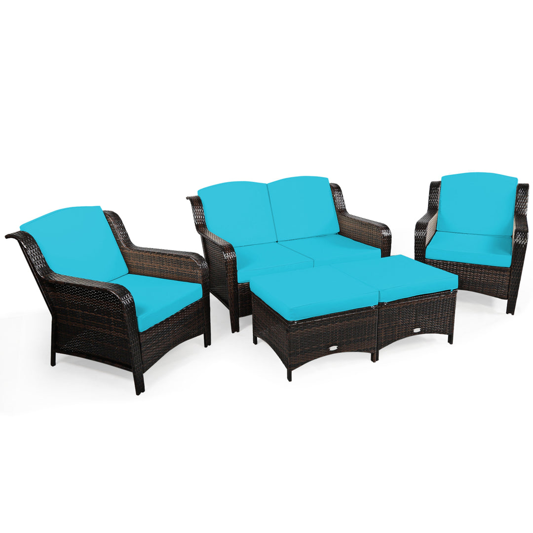 5PCS Rattan Patio Conversation Sofa Furniture Set Outdoor w/ Turquoise Cushions Image 4