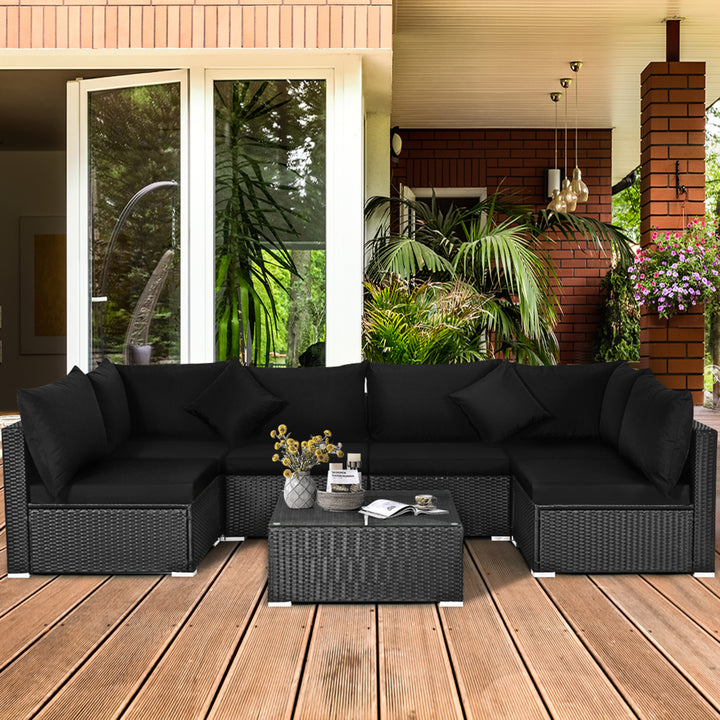 7PCS Rattan Patio Conversation Set Sectional Furniture Set w/ Black Cushion Image 4