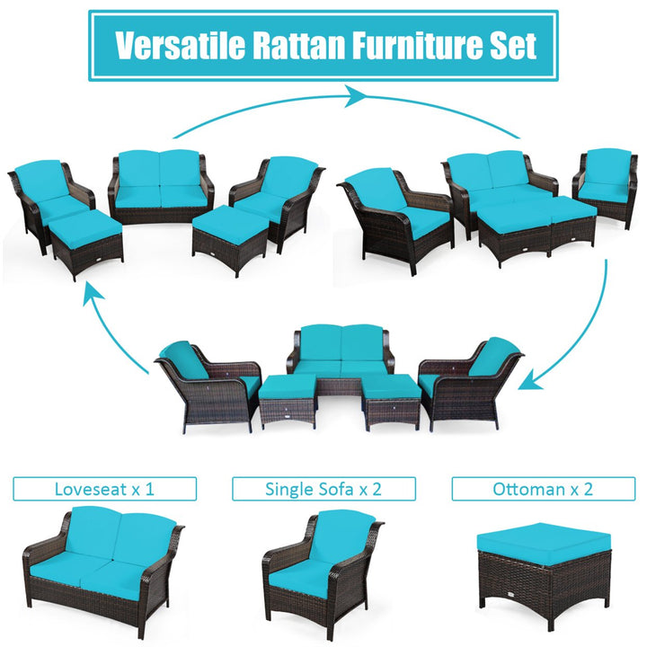 5PCS Rattan Patio Conversation Sofa Furniture Set Outdoor w/ Turquoise Cushions Image 5