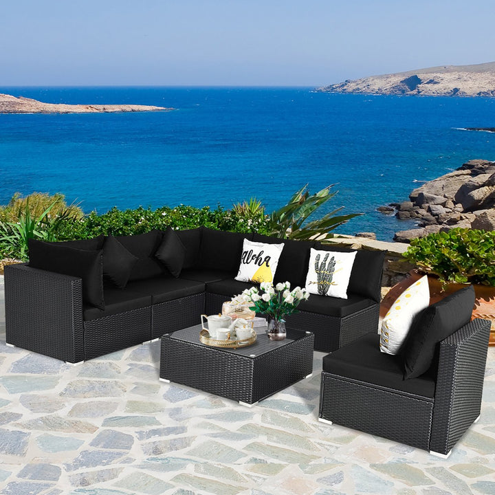 7PCS Rattan Patio Conversation Set Sectional Furniture Set w/ Black Cushion Image 5