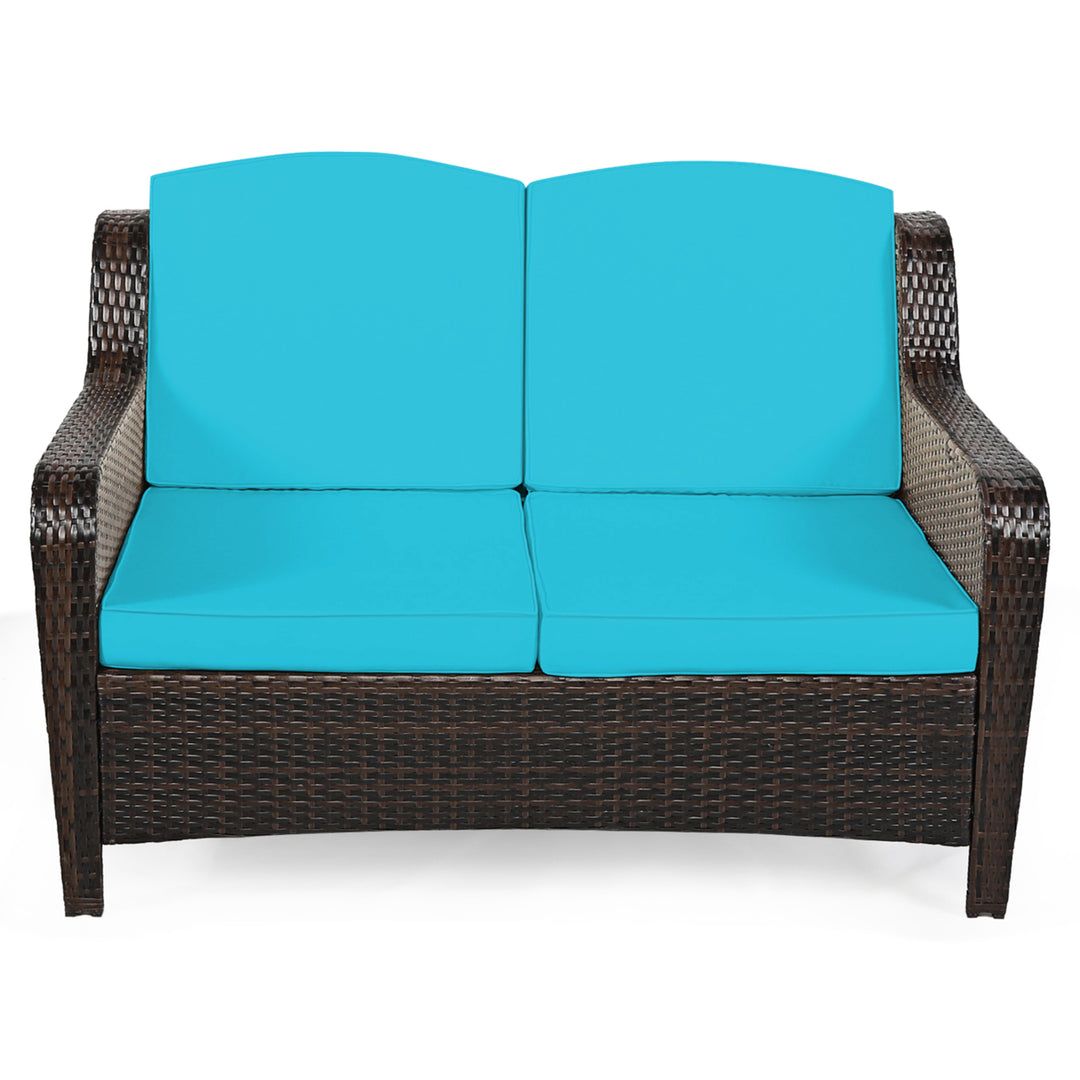 5PCS Rattan Patio Conversation Sofa Furniture Set Outdoor w/ Turquoise Cushions Image 7