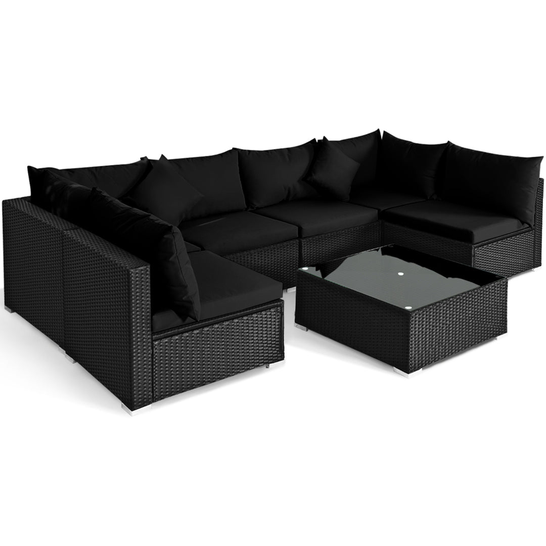 7PCS Rattan Patio Conversation Set Sectional Furniture Set w/ Black Cushion Image 2