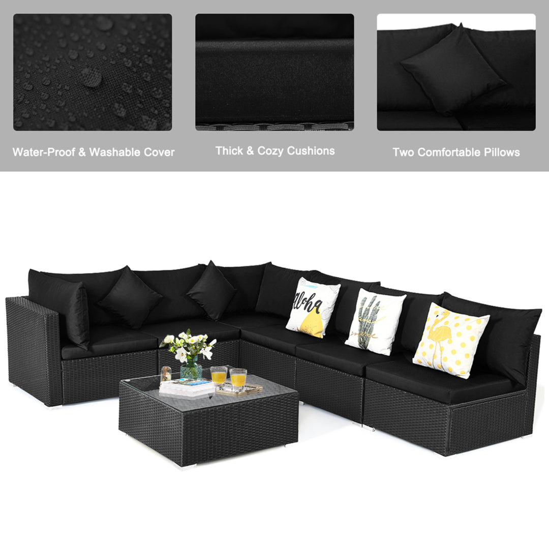 7PCS Rattan Patio Conversation Set Sectional Furniture Set w/ Black Cushion Image 8