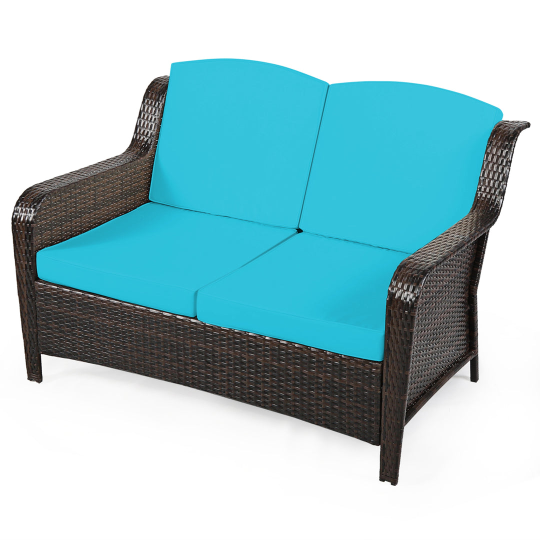 5PCS Rattan Patio Conversation Sofa Furniture Set Outdoor w/ Turquoise Cushions Image 8