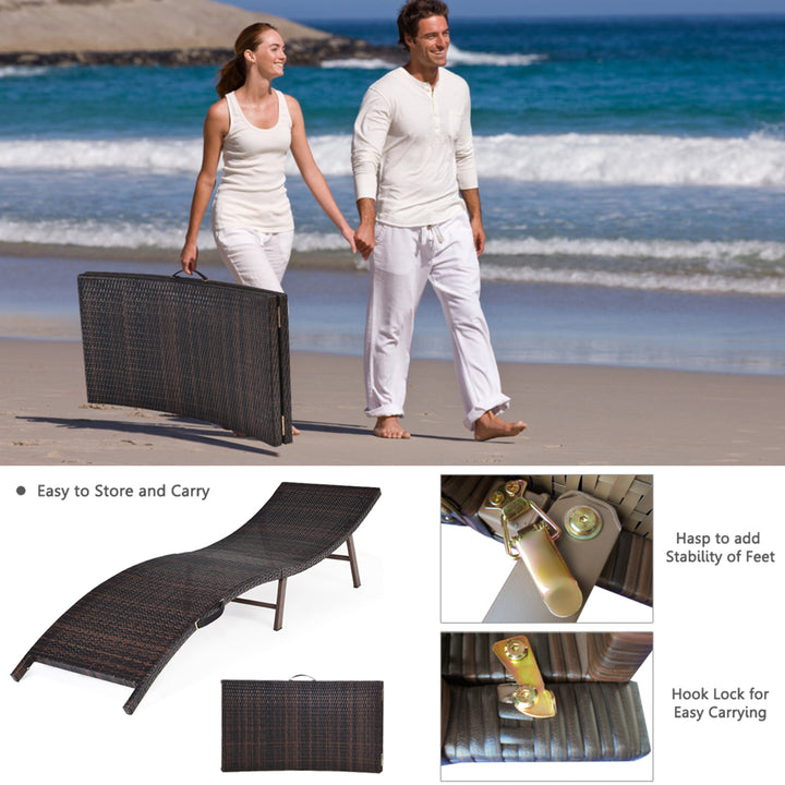 Set of 2 Folding Wicker Chaise Portable Lounge Chair w/ Double Sided Cushion Image 7