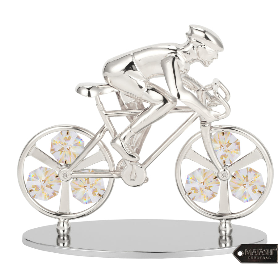 Matashi Silver Plated Cyclist on a Bicycle Figurine w/ Crystals, Tabletop Cyclist Ornament Gift for Sports Fan Desk Image 1