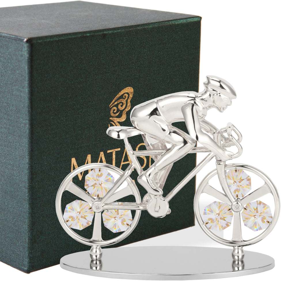 Matashi Silver Plated Cyclist on a Bicycle Figurine w/ Crystals, Tabletop Cyclist Ornament Gift for Sports Fan Desk Image 2