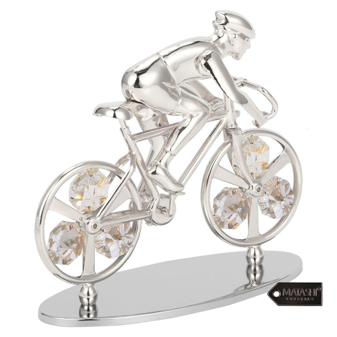 Matashi Silver Plated Cyclist on a Bicycle Figurine w/ Crystals, Tabletop Cyclist Ornament Gift for Sports Fan Desk Image 4