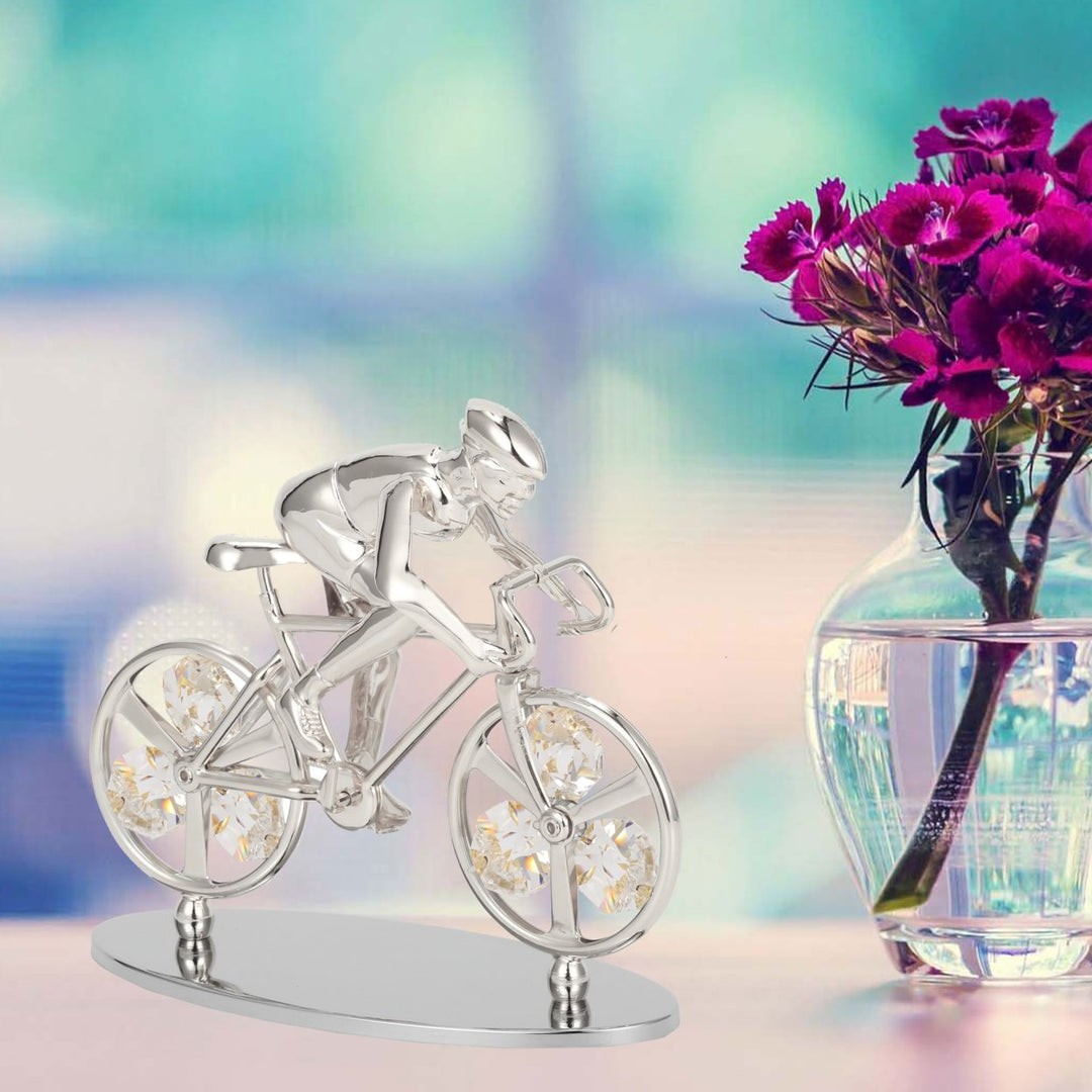 Matashi Silver Plated Cyclist on a Bicycle Figurine w/ Crystals, Tabletop Cyclist Ornament Gift for Sports Fan Desk Image 5