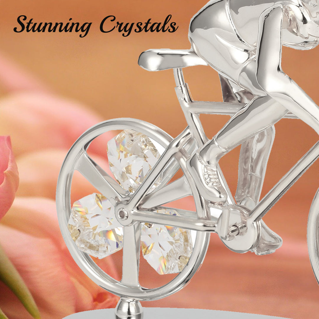 Matashi Silver Plated Cyclist on a Bicycle Figurine w/ Crystals, Tabletop Cyclist Ornament Gift for Sports Fan Desk Image 6