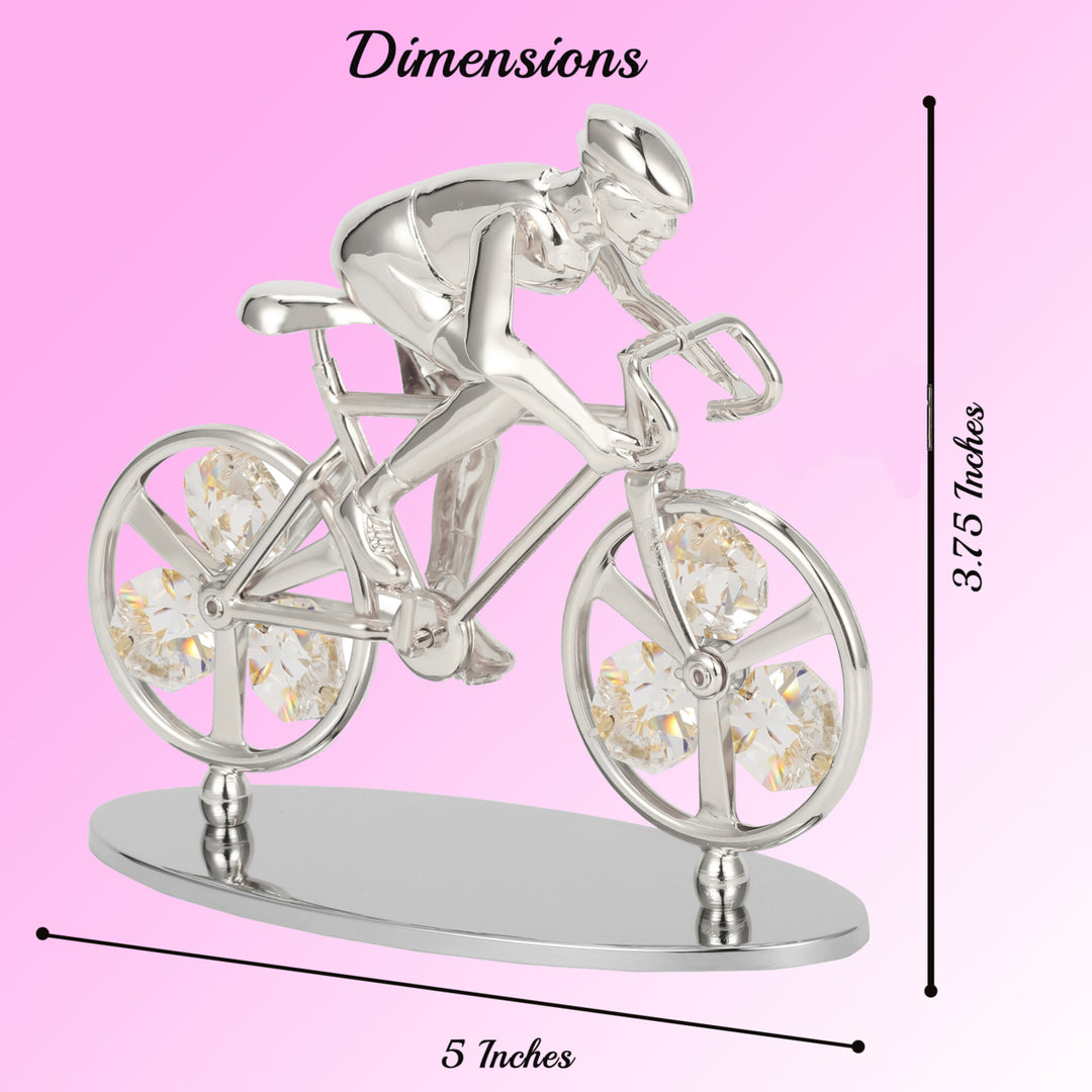 Matashi Silver Plated Cyclist on a Bicycle Figurine w/ Crystals, Tabletop Cyclist Ornament Gift for Sports Fan Desk Image 7