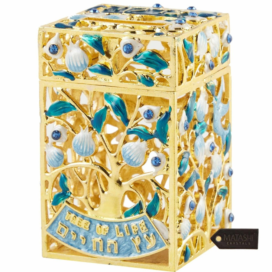 Matashi Hand-Painted Enamel Tzedakah Charity Box Keepsake Treasure Box w Crystals and a Tree of Life Motif Design w Gold Image 1