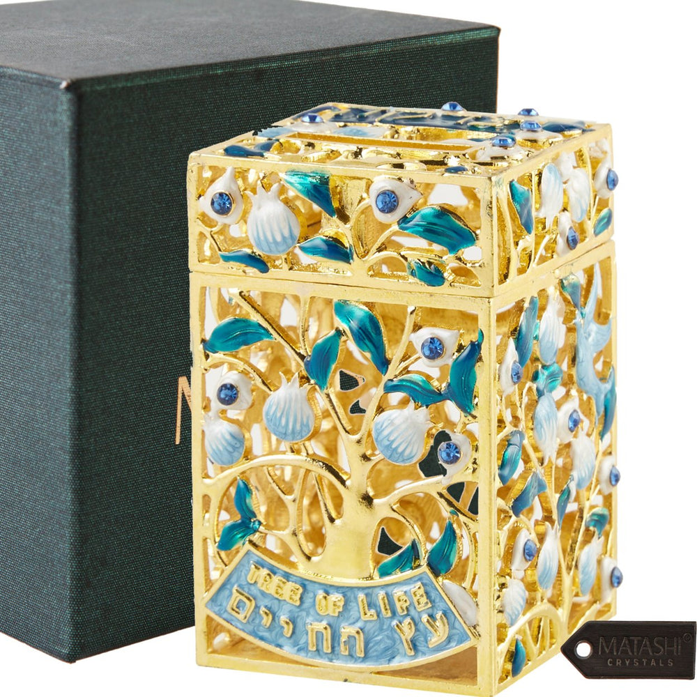 Matashi Hand-Painted Enamel Tzedakah Charity Box Keepsake Treasure Box w Crystals and a Tree of Life Motif Design w Gold Image 2