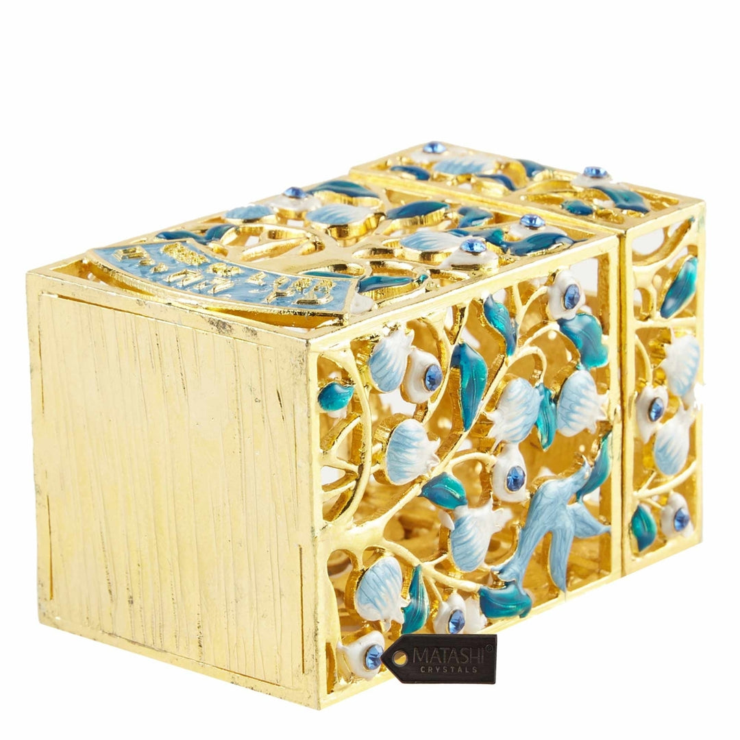 Matashi Hand-Painted Enamel Tzedakah Charity Box Keepsake Treasure Box w Crystals and a Tree of Life Motif Design w Gold Image 4