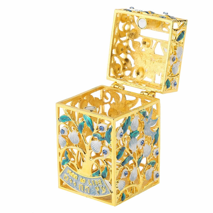 Matashi Hand-Painted Enamel Tzedakah Charity Box Keepsake Treasure Box w Crystals and a Tree of Life Motif Design w Gold Image 5