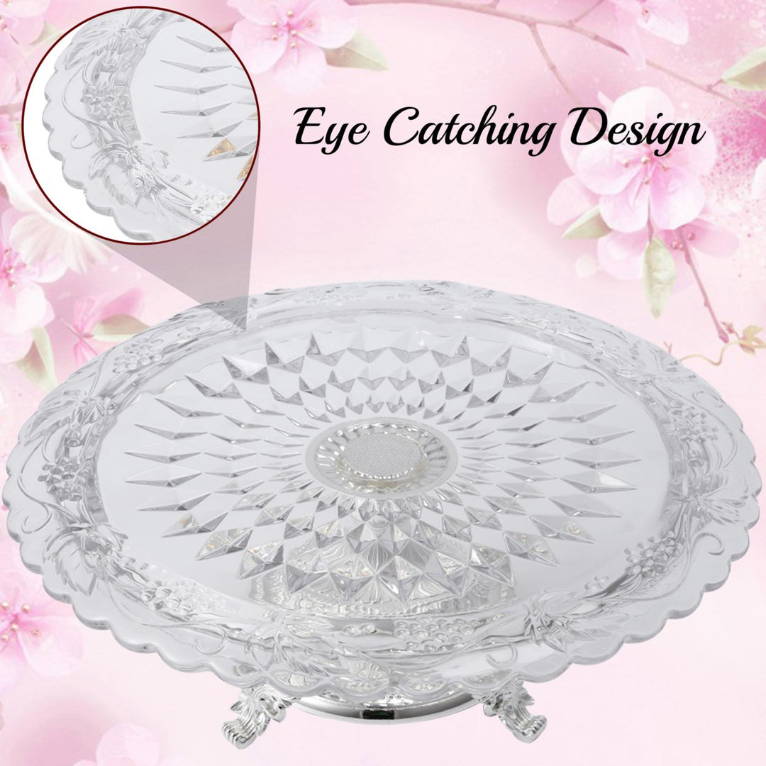 Matashi Glass Etched Cake Plate Centerpiece, Round Serving Platter w Silver Plated Pedestal Base for Weddings, Parties, Image 5