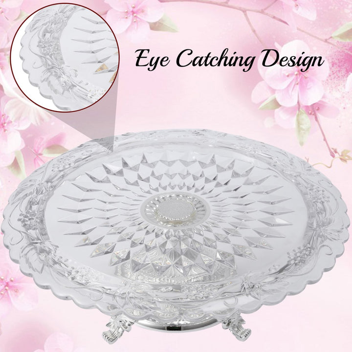 Matashi Glass Etched Cake Plate Centerpiece, Round Serving Platter w Silver Plated Pedestal Base for Weddings, Parties, Image 5