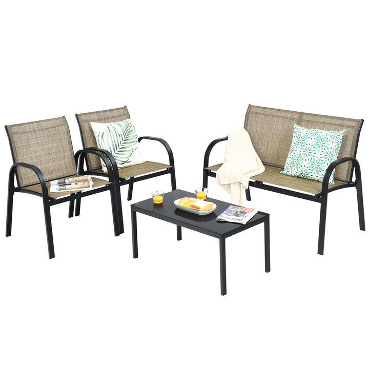 4PCS Patio Conversation Furniture Set All-Weather Garden Outdoor Brown Image 5