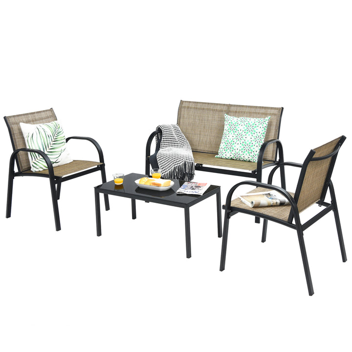 4PCS Patio Conversation Furniture Set All-Weather Garden Outdoor Brown Image 6