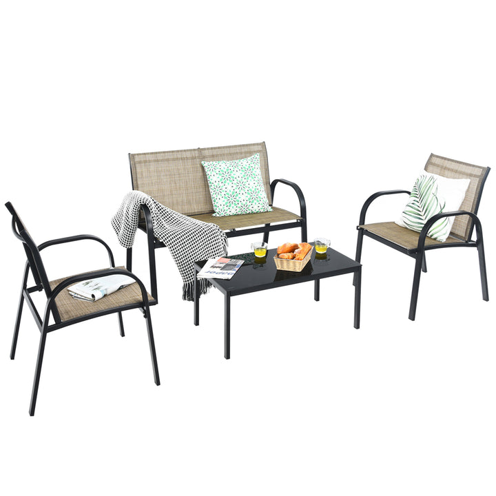 4PCS Patio Conversation Furniture Set All-Weather Garden Outdoor Brown Image 7