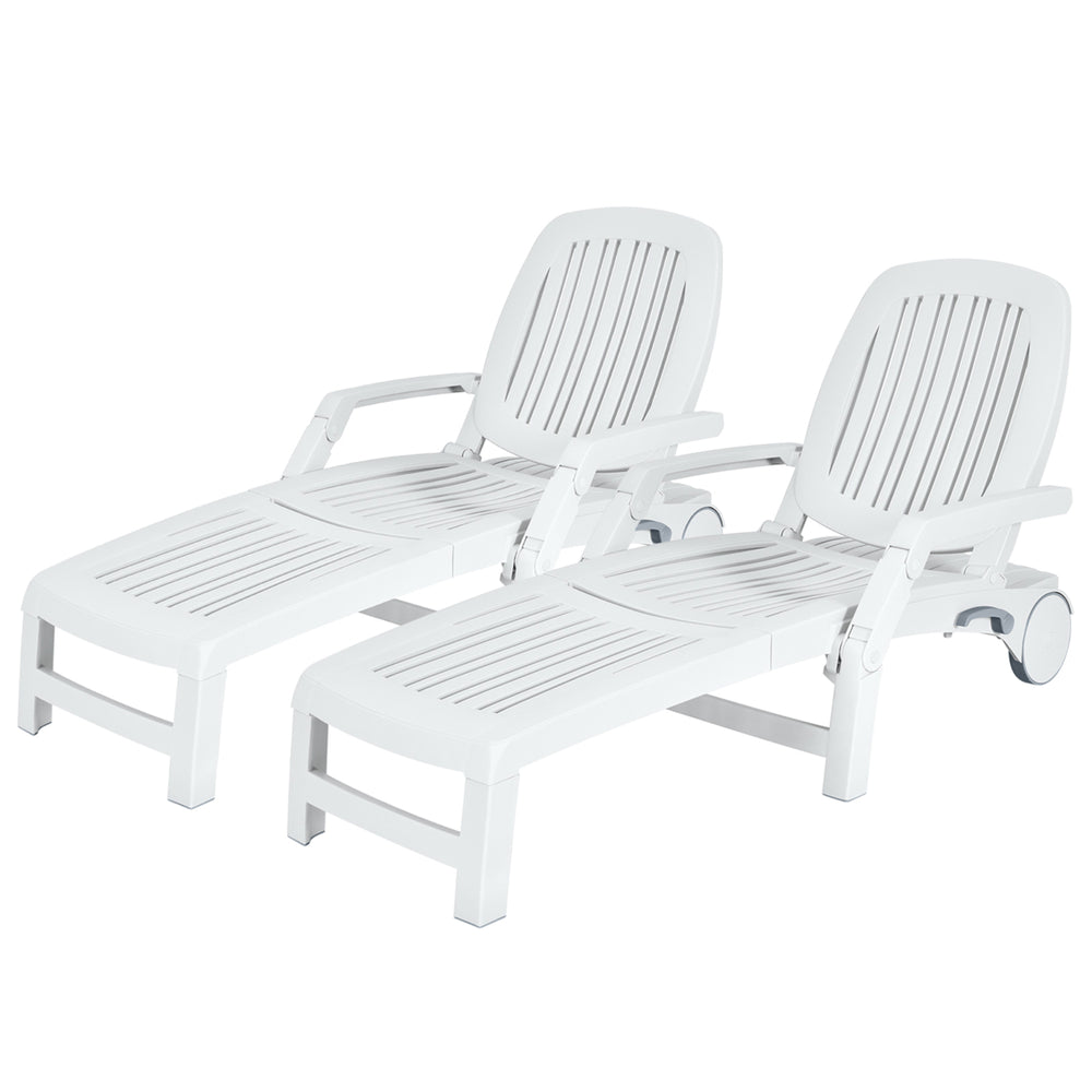 Set of 2 Patio Adjustable Chaise Lounge Chair Folding Recliner w/ Wheels Image 2