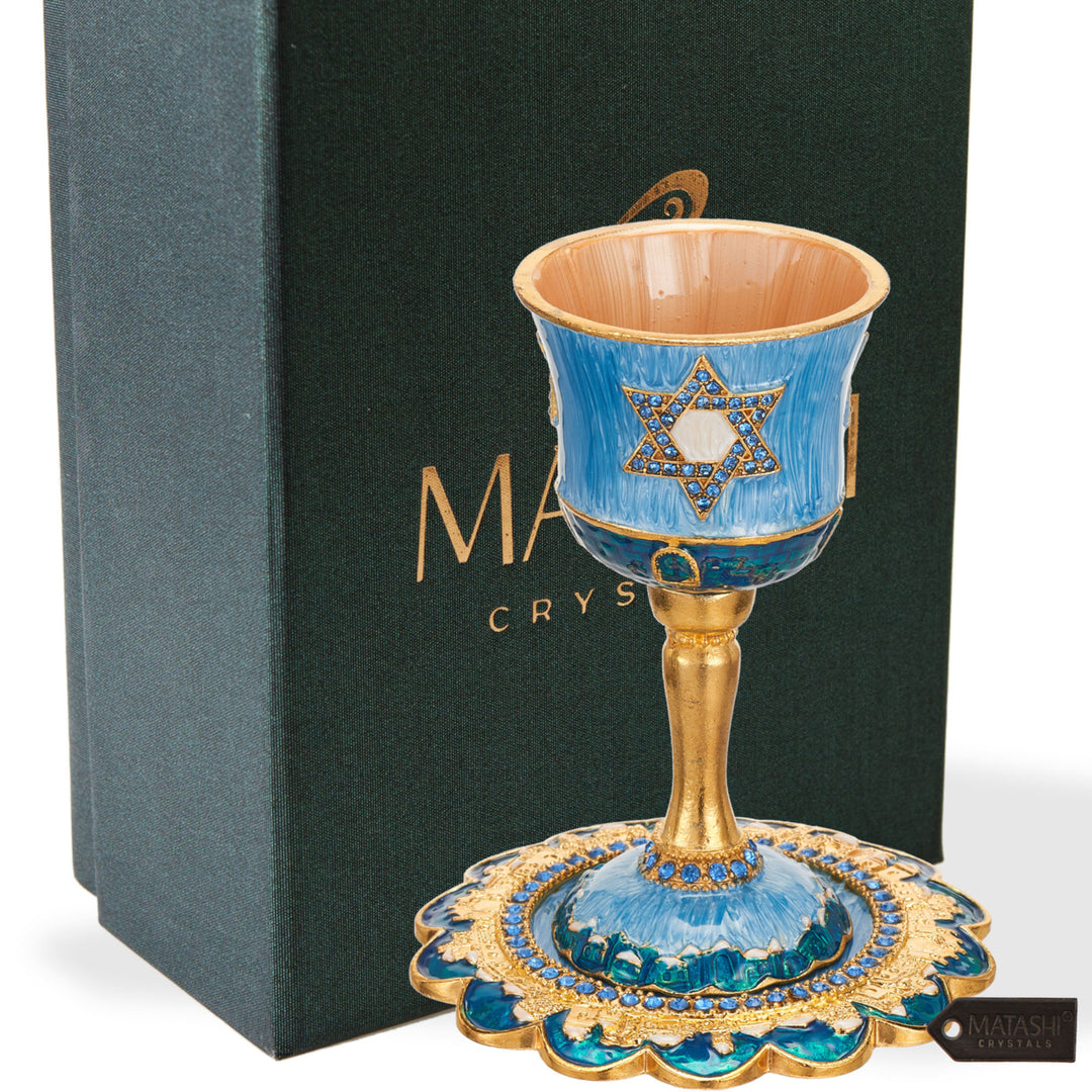 Matashi Hand-Painted Enamel Tall Kiddush Cup Set w Stem and Tray w Crystals and Star of David Design Passover Goblet, Image 2