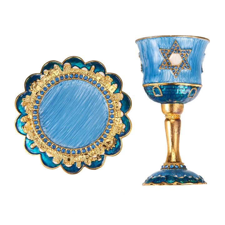 Matashi Hand-Painted Enamel Tall Kiddush Cup Set w Stem and Tray w Crystals and Star of David Design Passover Goblet, Image 3