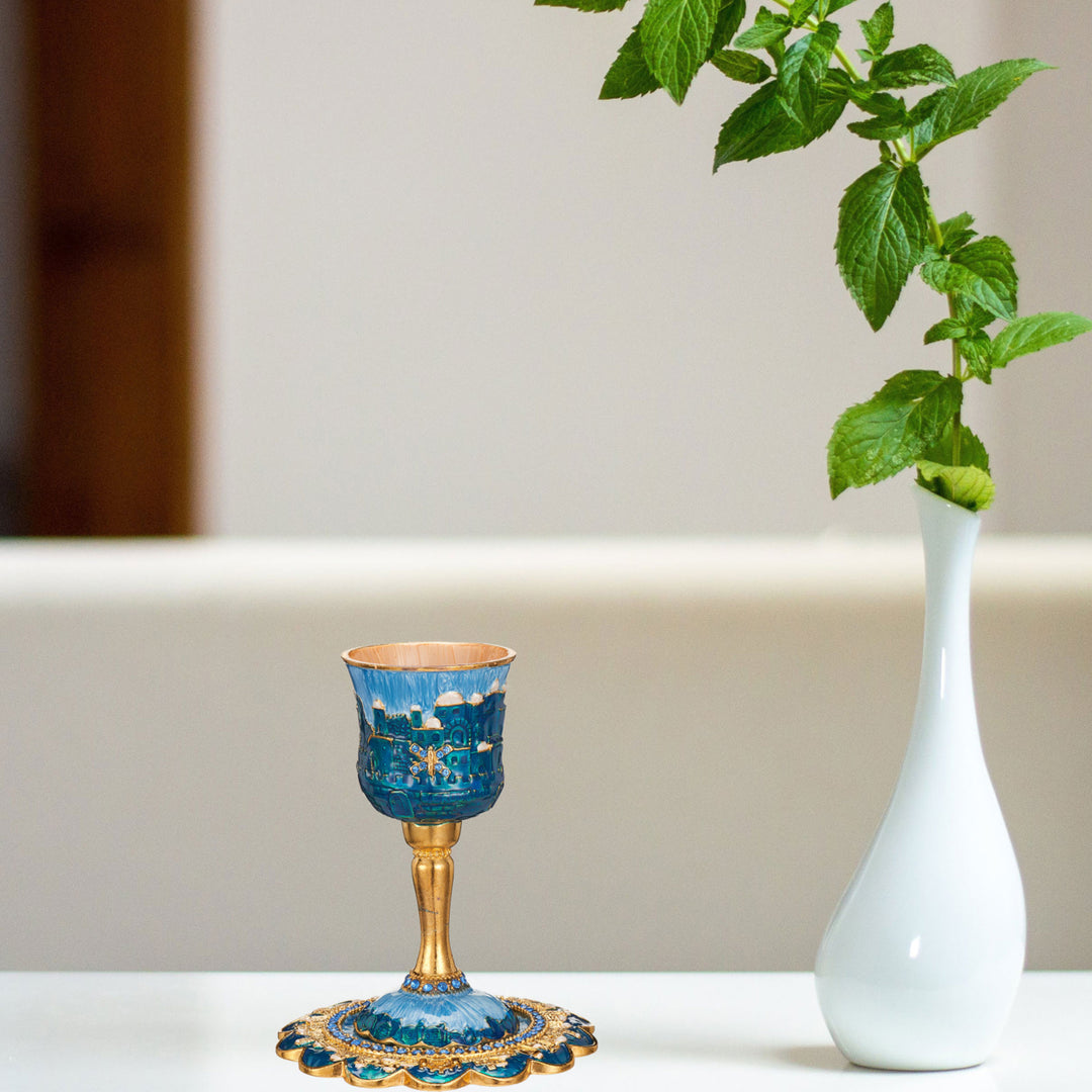 Matashi Hand-Painted Enamel Tall Kiddush Cup Set w Stem and Tray w Crystals and Jerusalem Cityscape Goblet Judaica Gift Image 7