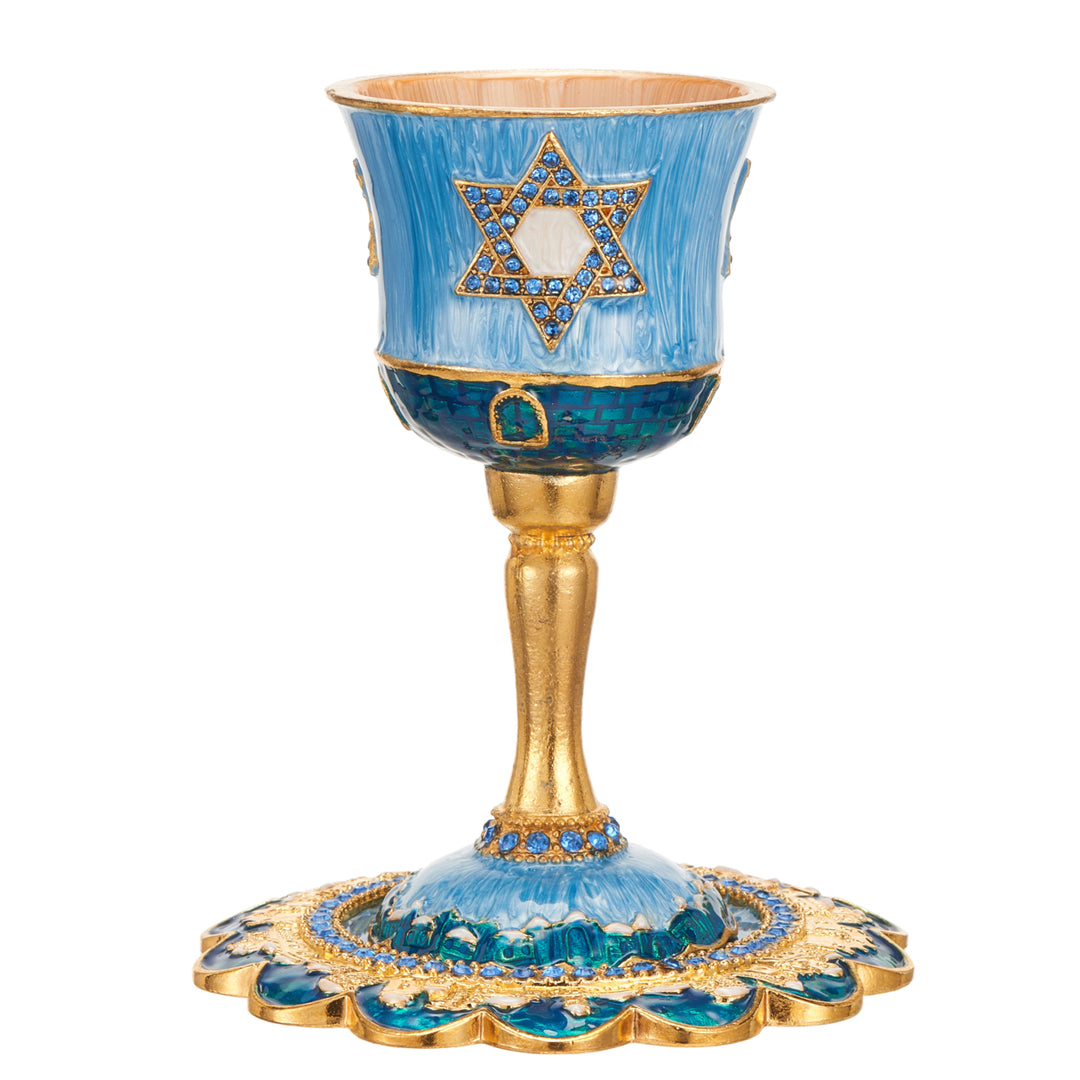 Matashi Hand-Painted Enamel Tall Kiddush Cup Set w Stem and Tray w Crystals and Star of David Design Passover Goblet, Image 4