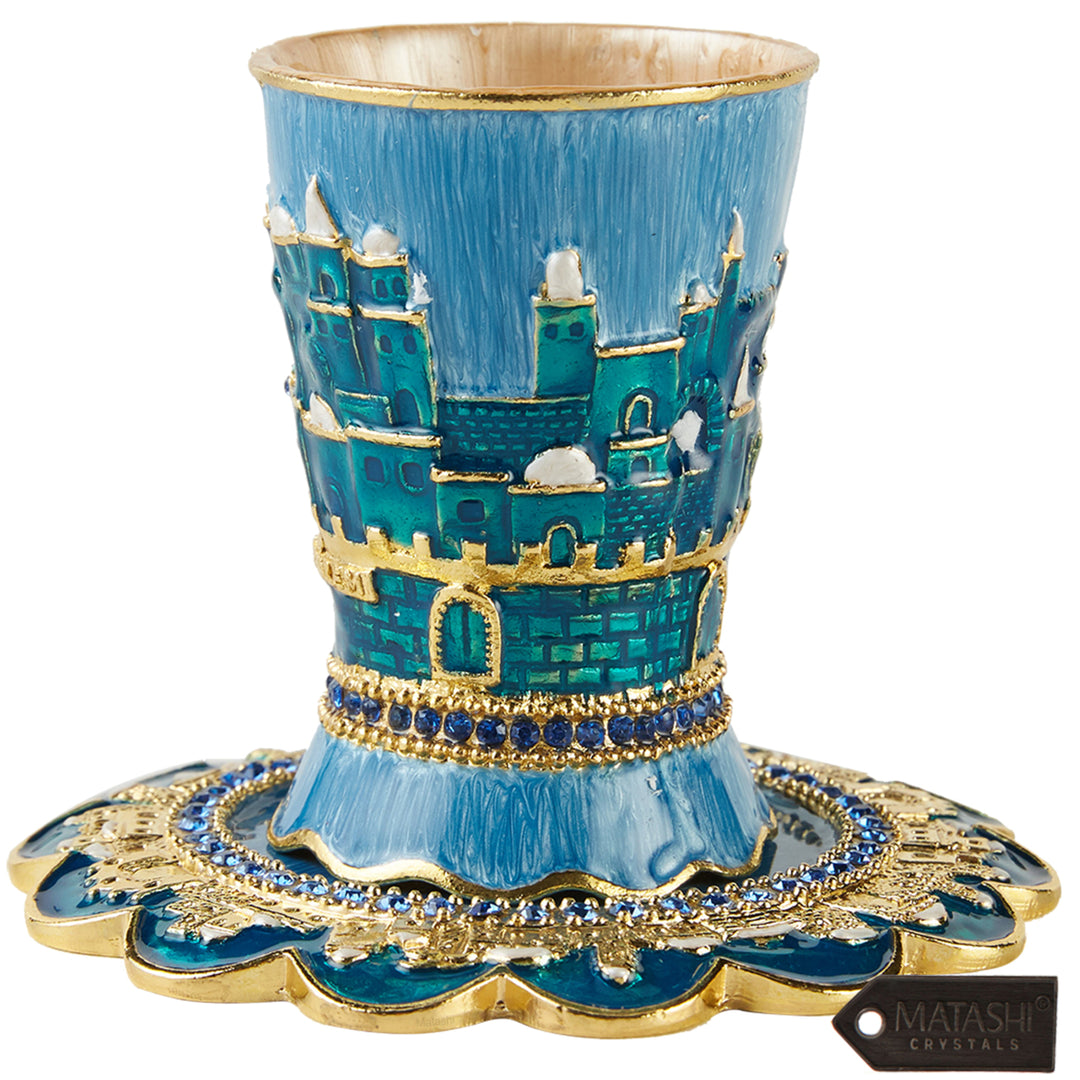 Matashi Hand-Painted Enamel 3.3 Tall Kiddush Cup Set and Tray w Crystals and Jerusalem Cityscape Design Goblet, Judaica Image 1