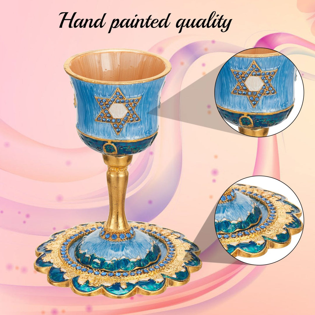 Matashi Hand-Painted Enamel Tall Kiddush Cup Set w Stem and Tray w Crystals and Star of David Design Passover Goblet, Image 5