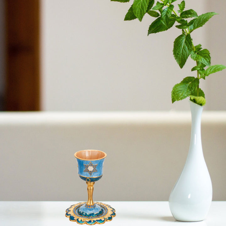 Matashi Hand-Painted Enamel Tall Kiddush Cup Set w Stem and Tray w Crystals and Star of David Design Passover Goblet, Image 6