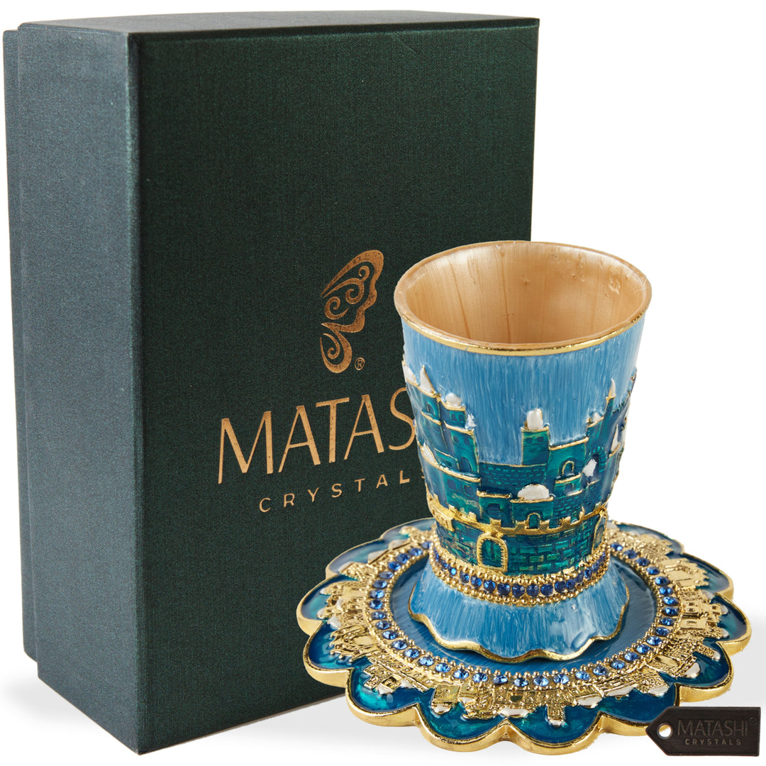 Matashi Hand-Painted Enamel 3.3 Tall Kiddush Cup Set and Tray w Crystals and Jerusalem Cityscape Design Goblet, Judaica Image 2