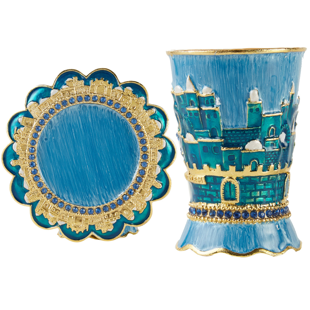 Matashi Hand-Painted Enamel 3.3 Tall Kiddush Cup Set and Tray w Crystals and Jerusalem Cityscape Design Goblet, Judaica Image 3