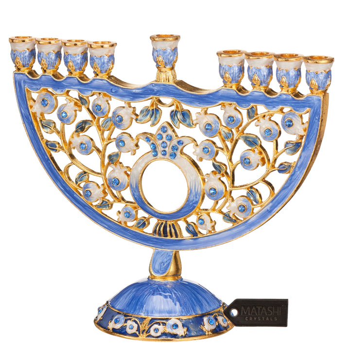 Matashi Hand Painted Blue Enamel Pomegranate Design Menorah Candelabra with Gold Accents and Crystals Jewish Candle Image 1