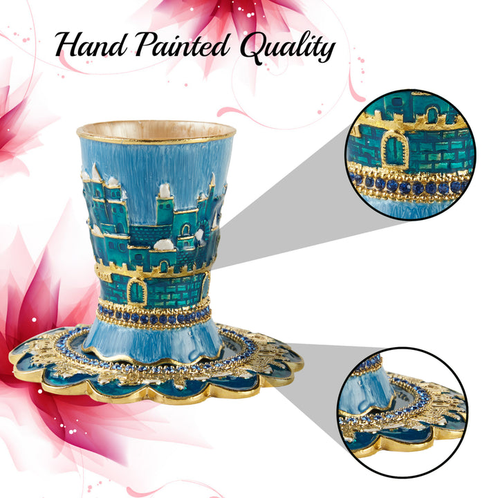 Matashi Hand-Painted Enamel 3.3 Tall Kiddush Cup Set and Tray w Crystals and Jerusalem Cityscape Design Goblet, Judaica Image 4