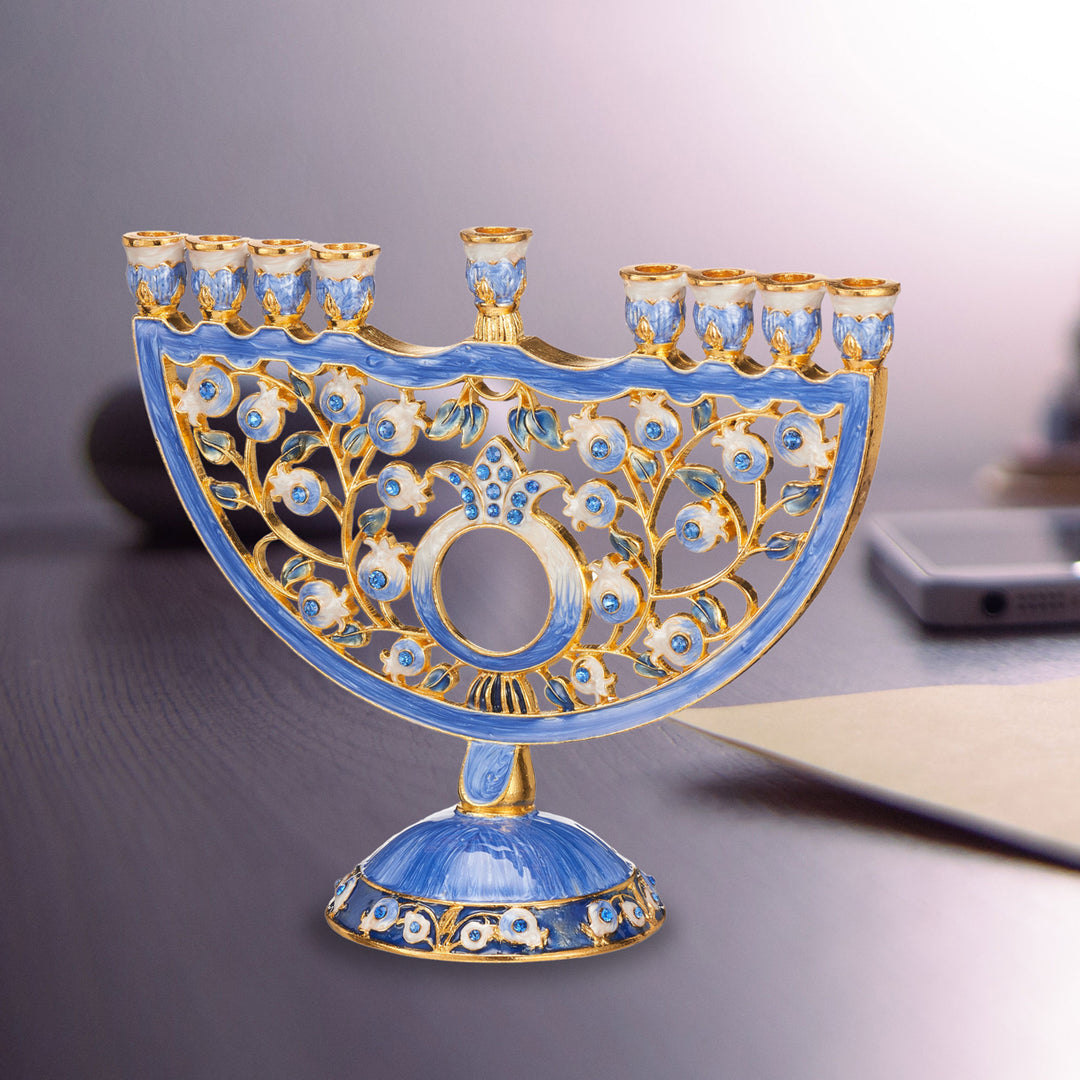 Matashi Hand Painted Blue Enamel Pomegranate Design Menorah Candelabra with Gold Accents and Crystals Jewish Candle Image 2