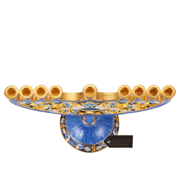 Matashi Hand Painted Blue Enamel Pomegranate Design Menorah Candelabra with Gold Accents and Crystals Jewish Candle Image 3