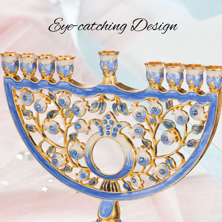 Matashi Hand Painted Blue Enamel Pomegranate Design Menorah Candelabra with Gold Accents and Crystals Jewish Candle Image 4