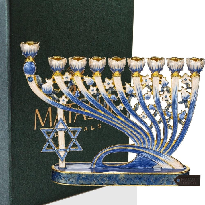 Matashi Hand Painted Blue Enamel Menorah Candelabra w/ Modern Flow and Star of David Design w/ Gold Accents and Crystals Image 1