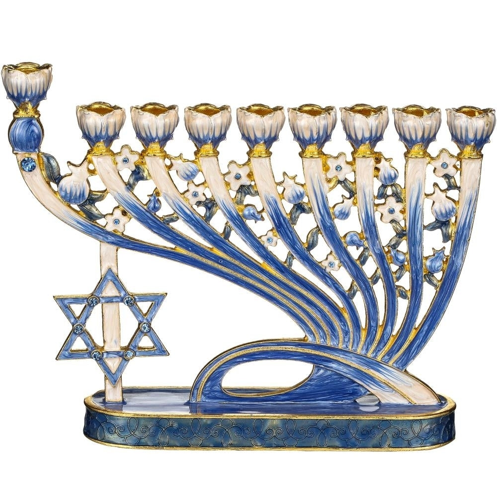 Matashi Hand Painted Blue Enamel Menorah Candelabra w/ Modern Flow and Star of David Design w/ Gold Accents and Crystals Image 2