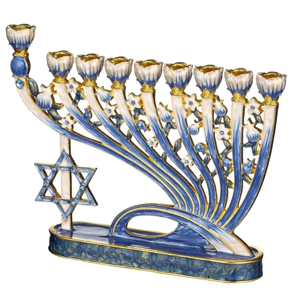 Matashi Hand Painted Blue Enamel Menorah Candelabra w/ Modern Flow and Star of David Design w/ Gold Accents and Crystals Image 3