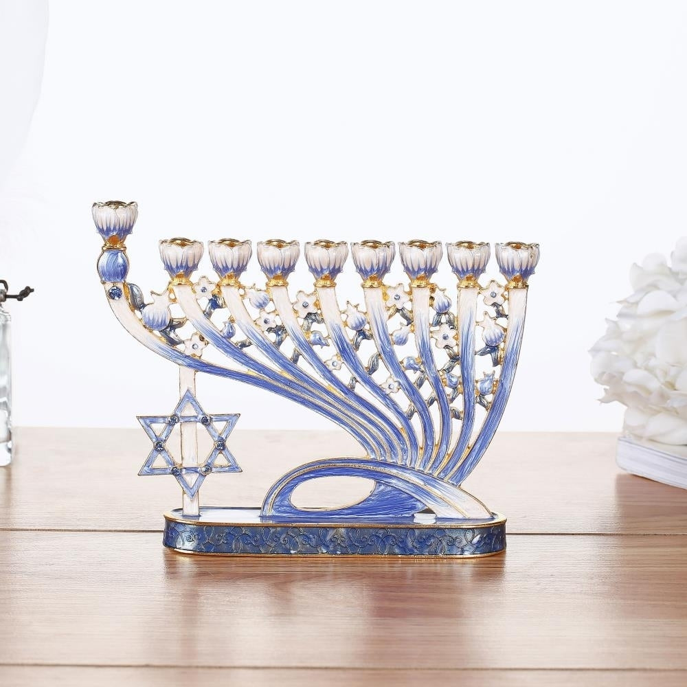 Matashi Hand Painted Blue Enamel Menorah Candelabra w/ Modern Flow and Star of David Design w/ Gold Accents and Crystals Image 6