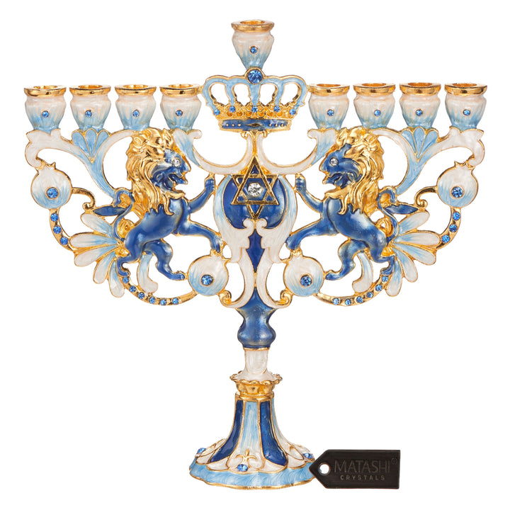 Matashi Hand Painted Blue and Ivory Regal Lion Menorah Candelabra with Gold Accents and Quality Crystals Jewish Candle Image 1