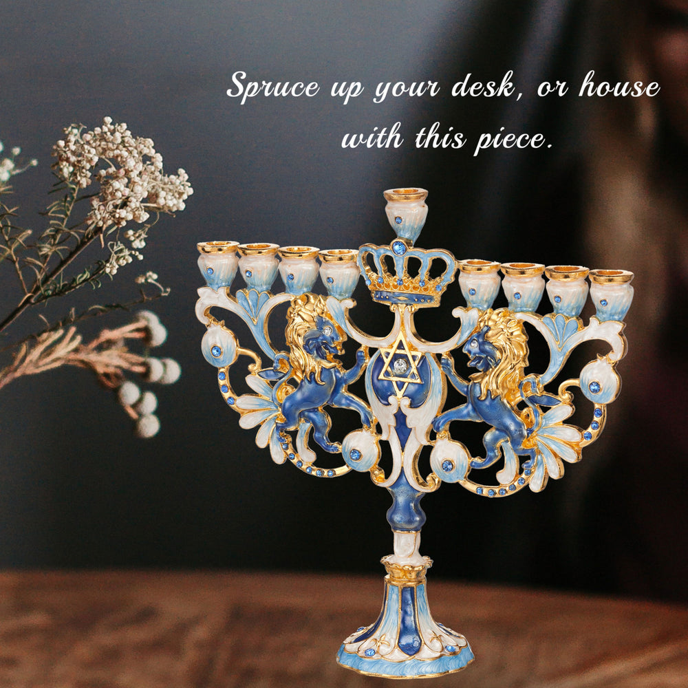 Matashi Hand Painted Blue and Ivory Regal Lion Menorah Candelabra with Gold Accents and Quality Crystals Jewish Candle Image 2