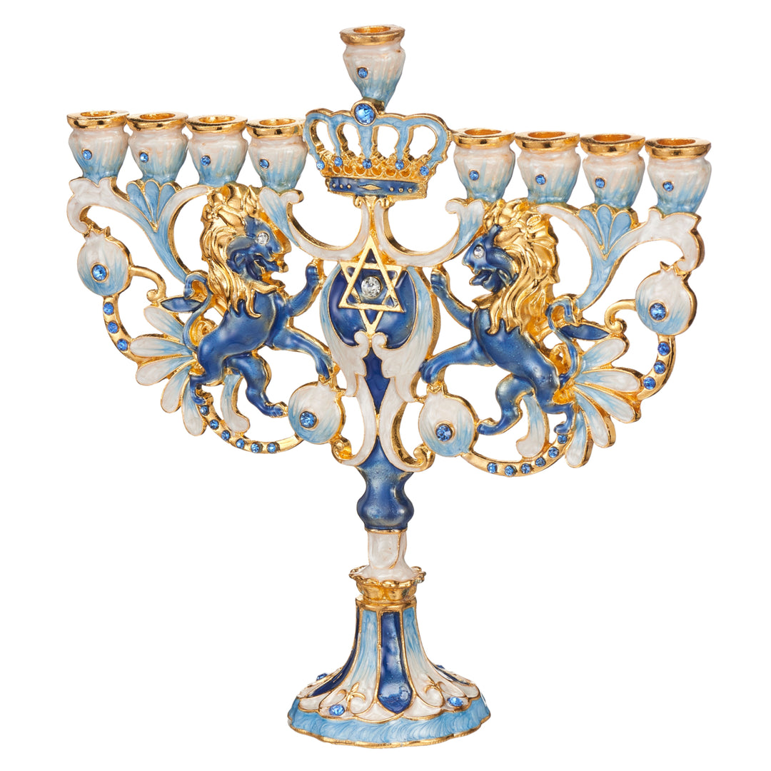 Matashi Hand Painted Blue and Ivory Regal Lion Menorah Candelabra with Gold Accents and Quality Crystals Jewish Candle Image 3