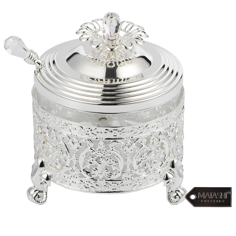 Matashi 24K Gold/SIlver Plated Sugar Bowl, Honey Dish, Glass Bowl - Detailed Intricate Design and Flower on Cover with Image 2